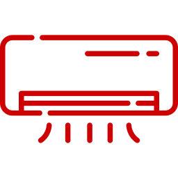 Red line drawing of a wall-mounted air conditioner with cool air flowing down.