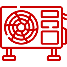 Red line drawing of an air conditioning unit with a large fan and vents, viewed from the front.