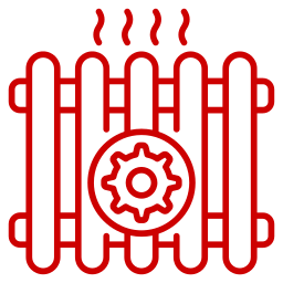 Red icon of a radiator with heat waves above and a gear symbol in front, representing heating system settings.