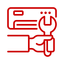 Red outline of a hand holding a wrench in front of a card or device, symbolizing repair or maintenance.