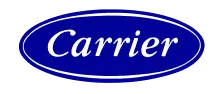 Carrier logo in white script inside a blue oval with a white border.