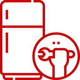Red outline of a refrigerator with a hand holding a wrench in a circle, symbolizing fridge repair.