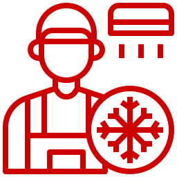 Red line icon of a technician with a snowflake and air conditioner, representing AC repair or maintenance.