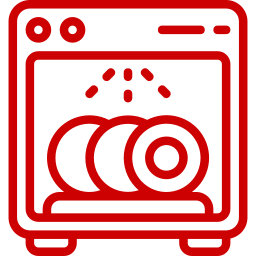 Red outline icon of a dishwasher with three plates inside and water spray above them.