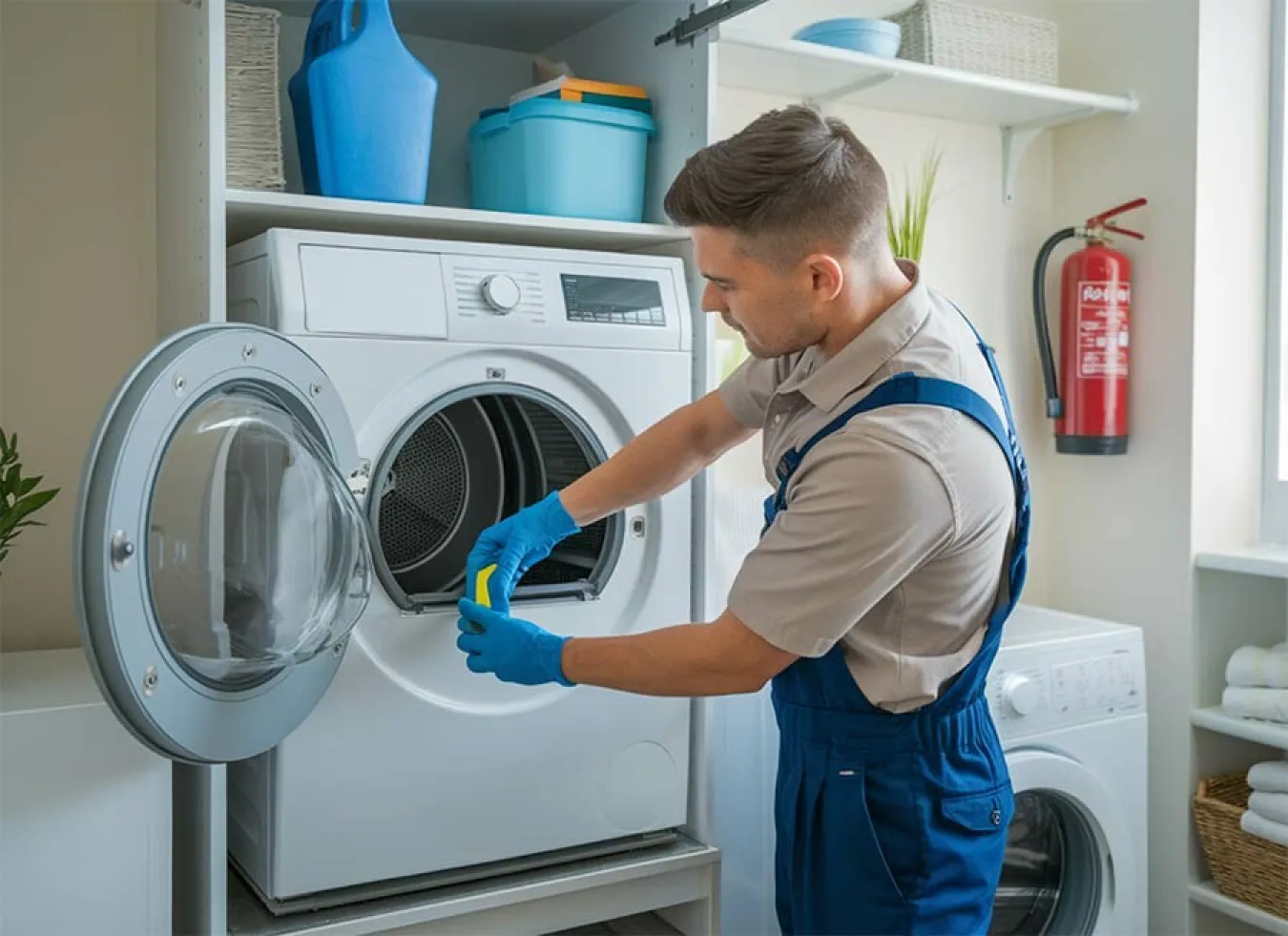 A man in overalls and gloves cleaning a front-load washing machine in a laundry room.