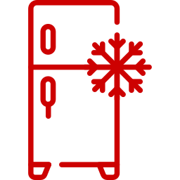 Red outline of a refrigerator with a snowflake symbol on the door, representing cold or refrigeration.