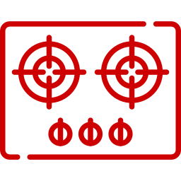 Red outline icon of a two-burner stove top with three control knobs below the burners.
