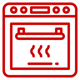 Red outline icon of an oven with heat waves rising inside, symbolizing baking or cooking.