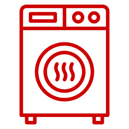 Red outline icon of a washing machine with wavy lines inside the door, indicating heat or drying.