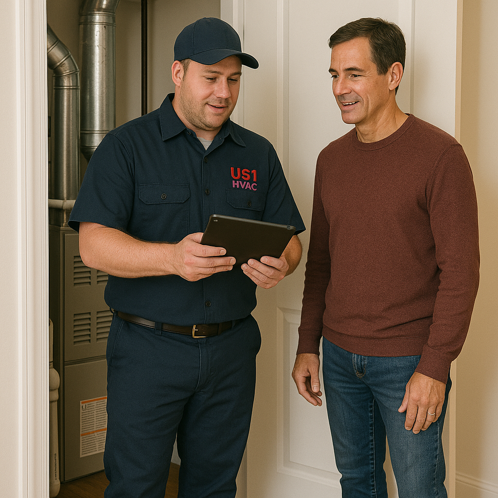 HVAC technician showing a customer information on a tablet while standing by a furnace.