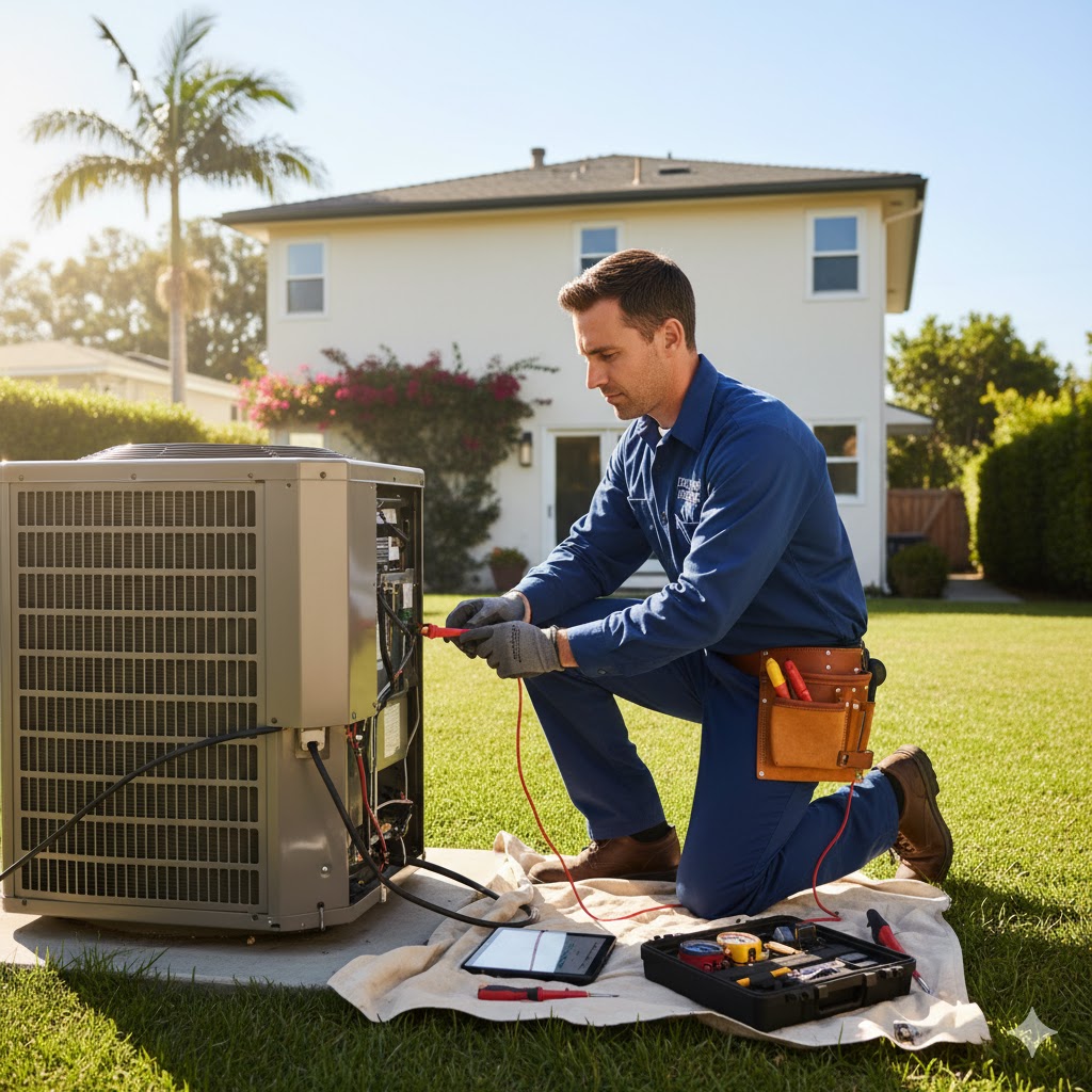 A technician in blue overalls repairs an outdoor AC unit on a lawn in front of a suburban house.
