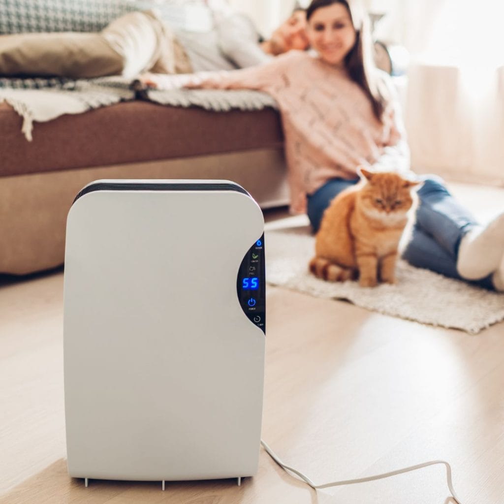 A woman sits on the floor with an orange cat near a white air purifier in a cozy living room.