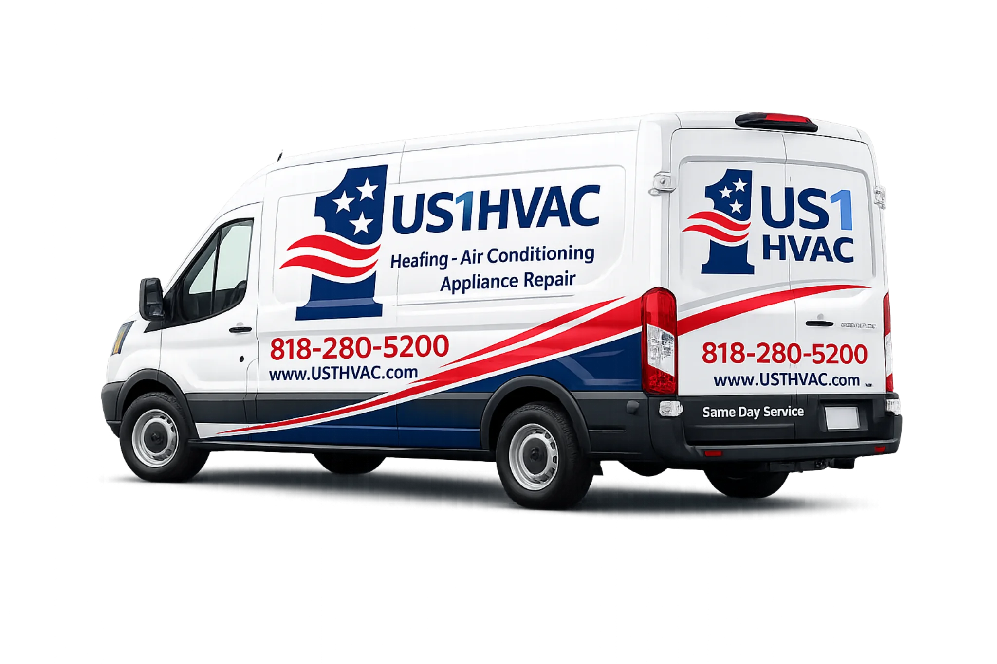 White US1 HVAC service van with company logo, contact info, and red, white, and blue graphic design.
