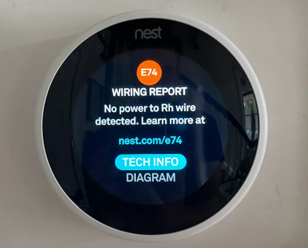 nest_e74 Granada Hills Nest thermostat screen showing an E74 wiring error: "No power to Rh wire detected.