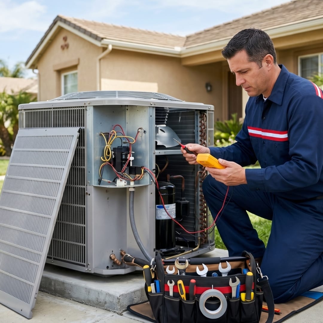Technician testing an outdoor air conditioning unit with tools and an open panel in a residential yard, showcasing expert Los Angeles HVAC services.