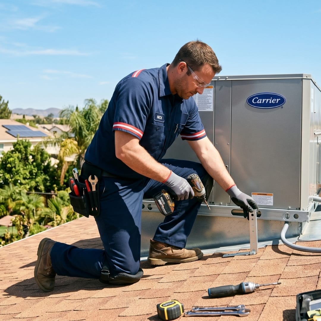 A technician kneels on a roof installing an HVAC unit with tools scattered beside him, providing expert Los Angeles HVAC services.
