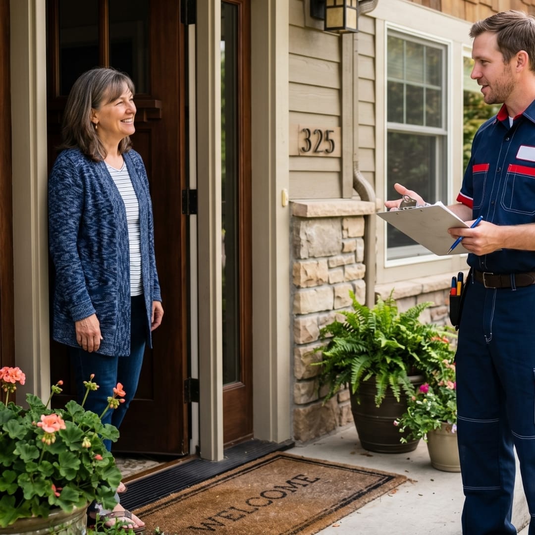 A smiling woman greets a male technician with a clipboard at her front door, ready to discuss Los Angeles HVAC services.