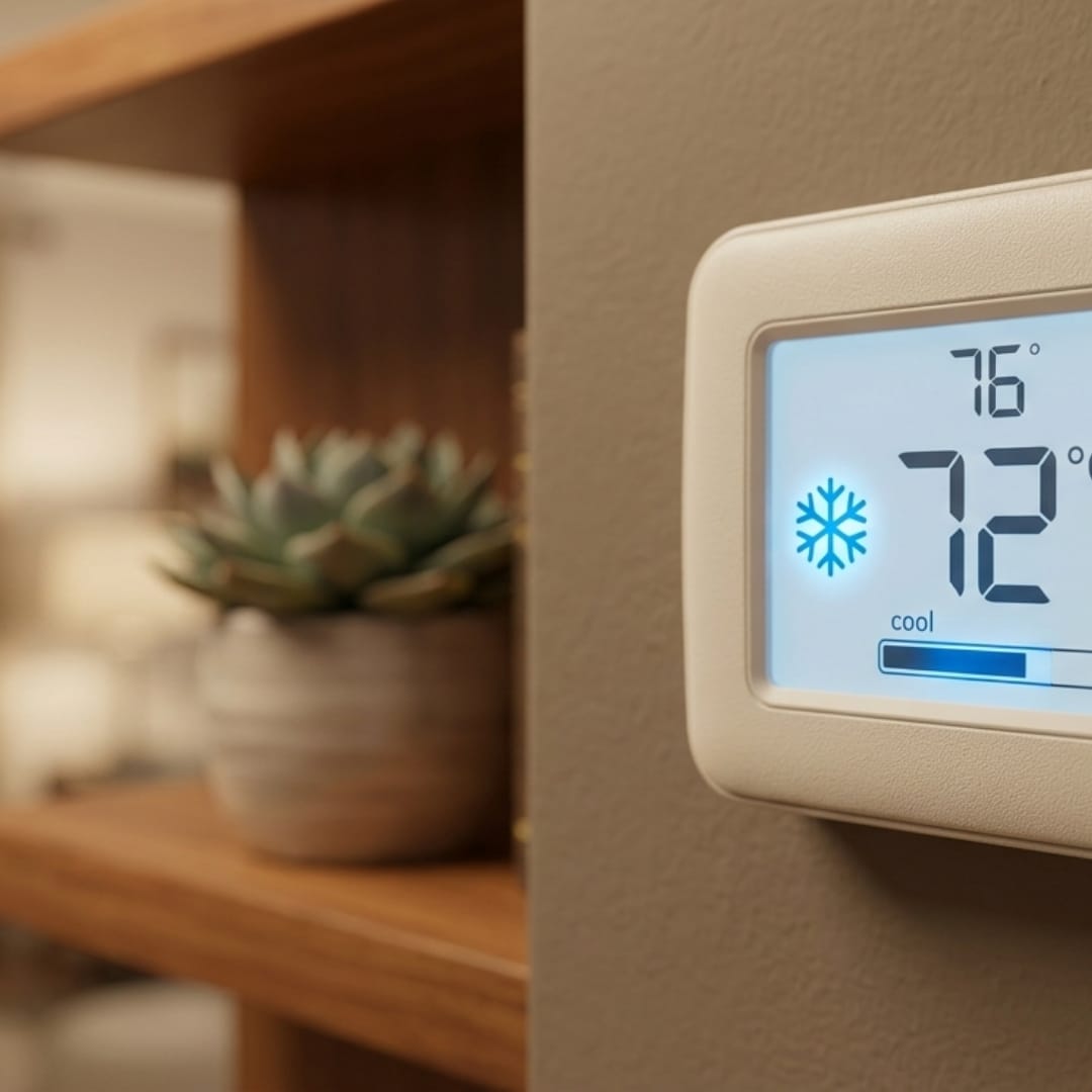Digital thermostat set to cool at 72°F, mounted on a wall near a shelf with a potted succulent plant—a perfect example of comfort and style inspired by Los Angeles HVAC services.
