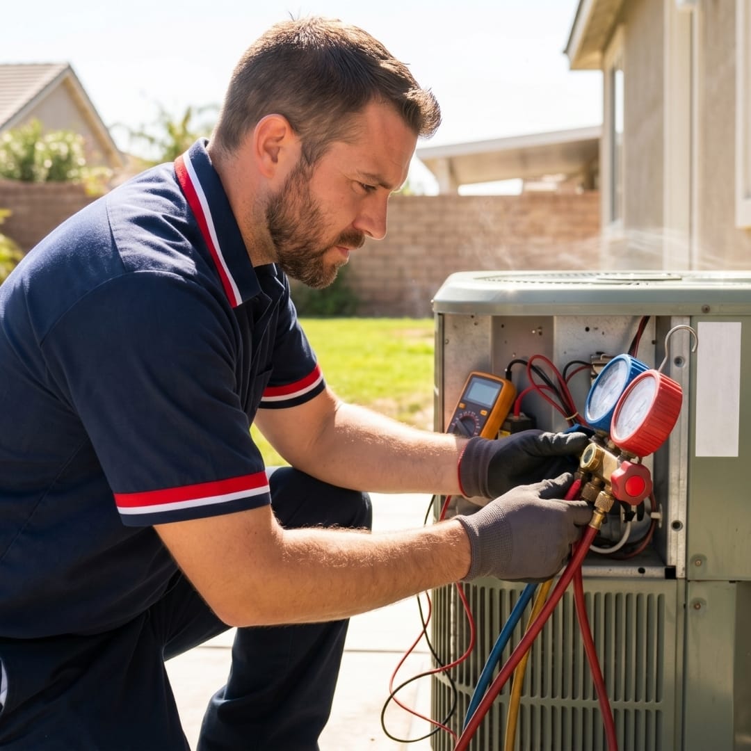 A technician in uniform checks an outdoor HVAC unit with gauges and tools on a sunny day.