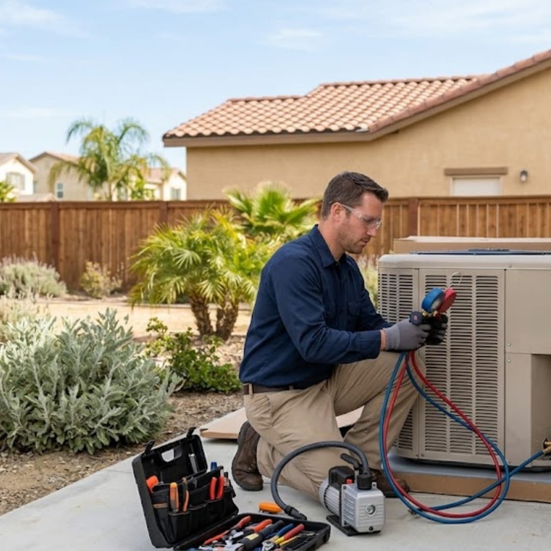 A technician repairs an outdoor air conditioning unit with tools in a residential backyard.