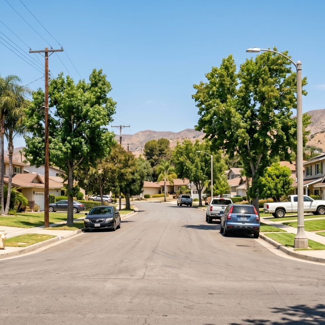Quiet suburban street with parked cars, green lawns, trees, houses, and distant hills under a clear sky.