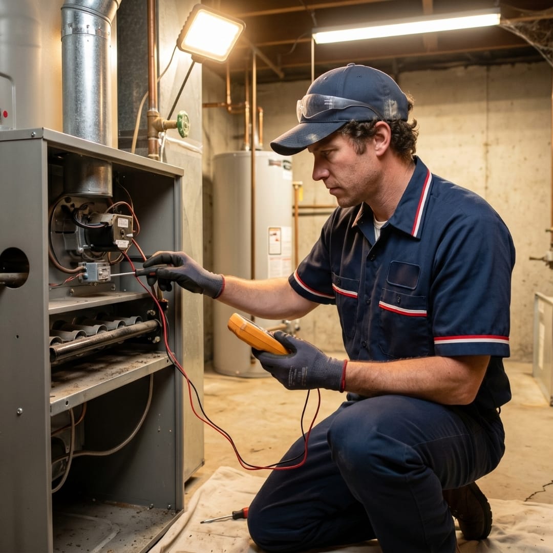 Technician in uniform checks a furnace with tools in a basement utility room.