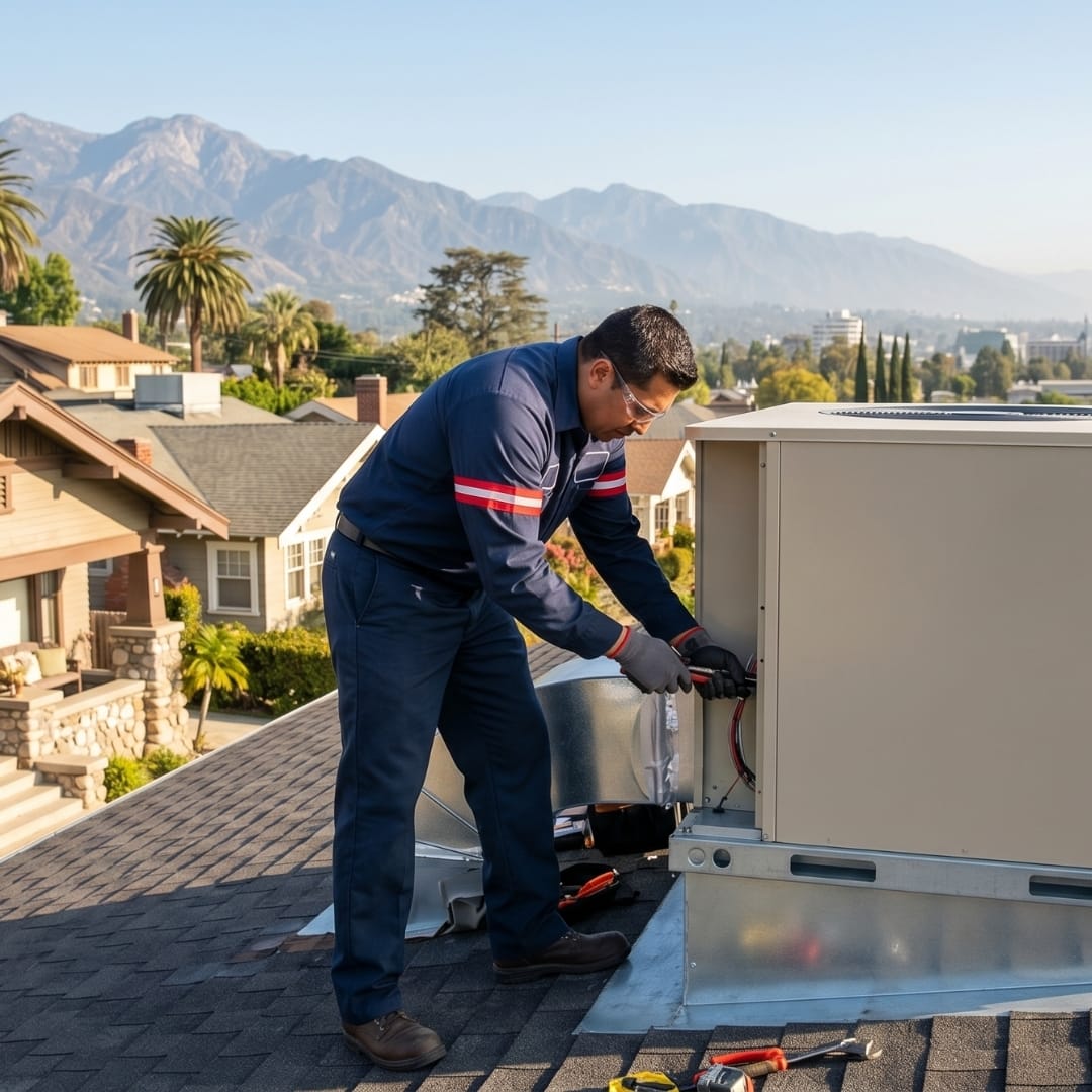 A technician from Los Angeles HVAC services repairs an HVAC unit on a rooftop with mountains and houses in the background.