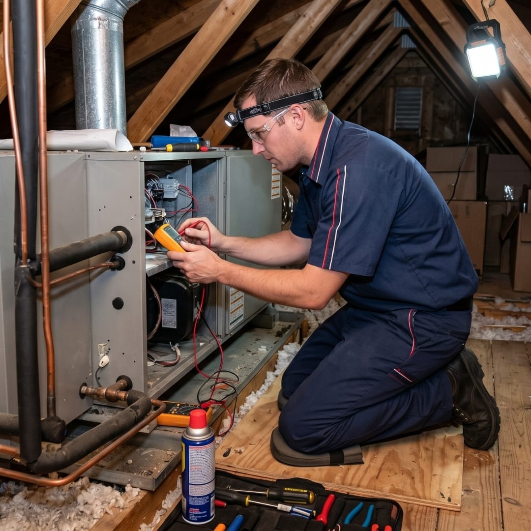 Technician kneeling in an attic, testing HVAC unit wiring with a multimeter and wearing a headlamp—showcasing expert Los Angeles HVAC services.