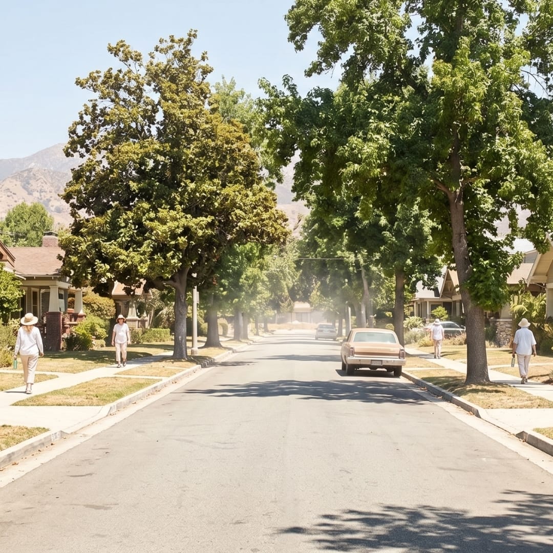 A quiet, sunny suburban street in Los Angeles with people walking on sidewalks, a vintage car parked on the right, and signs advertising local HVAC services.