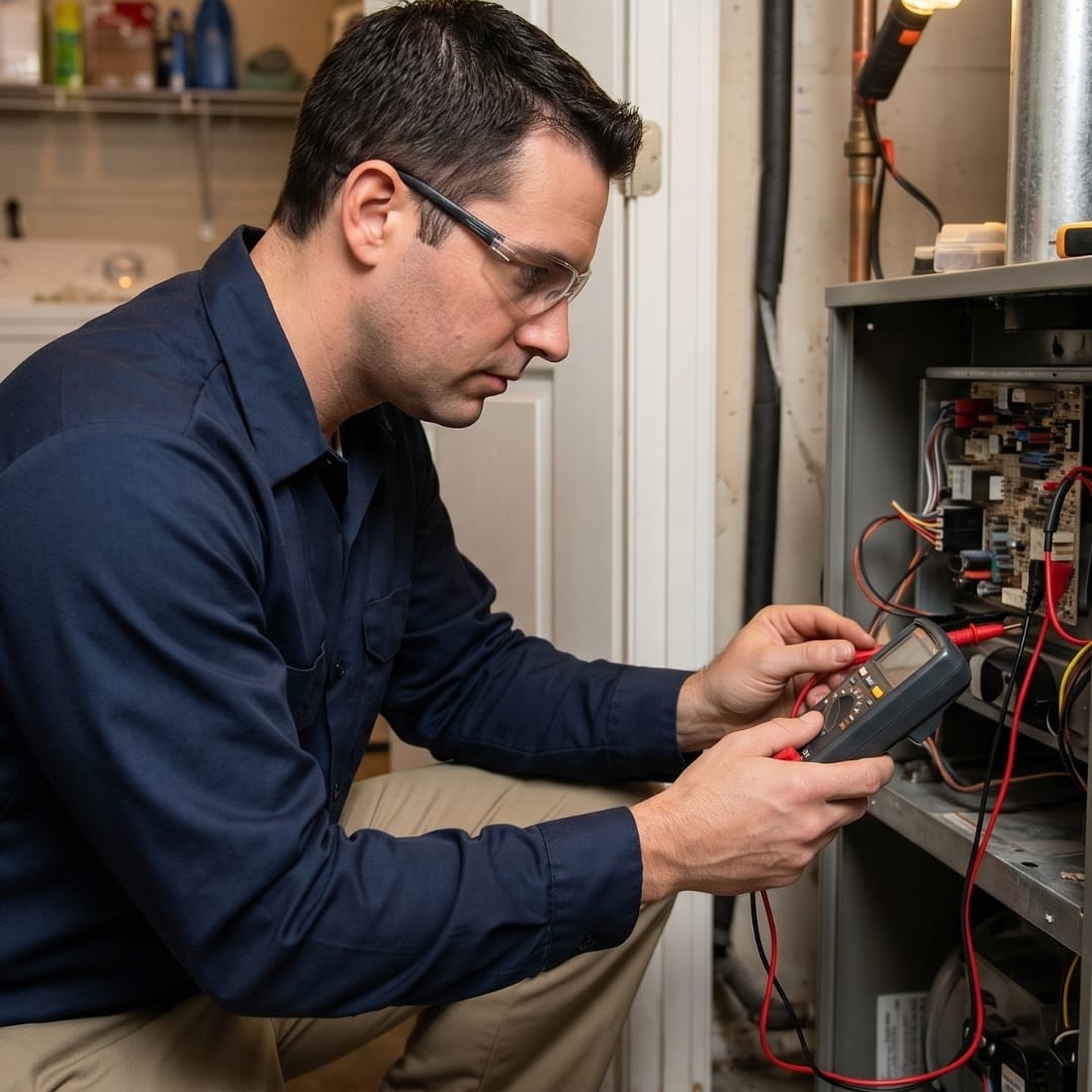 Man wearing safety glasses uses a multimeter to check wiring inside an electrical panel, ensuring safe and efficient operation for Los Angeles HVAC services.