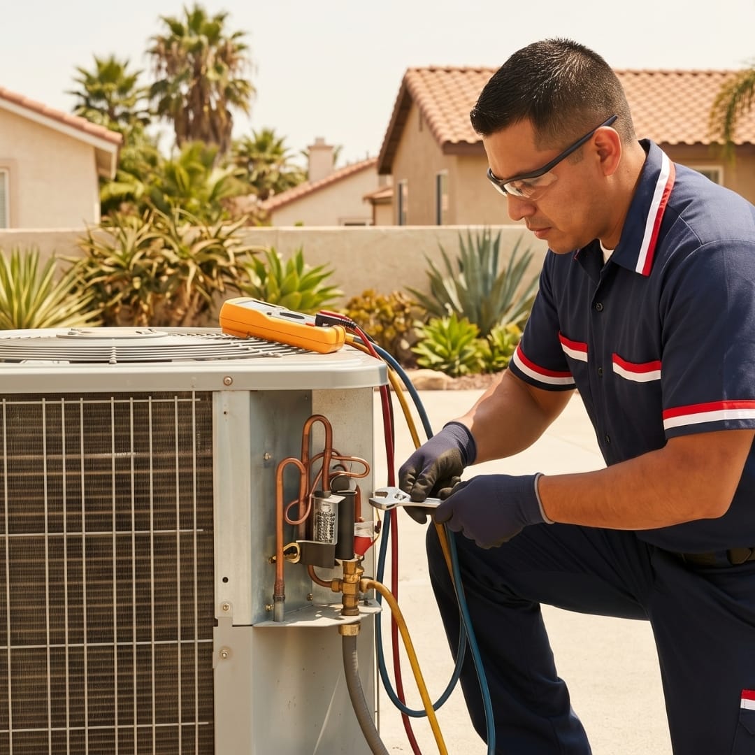 Technician in uniform repairs an outdoor air conditioning unit with tools on a sunny day, showcasing expert Los Angeles HVAC services.