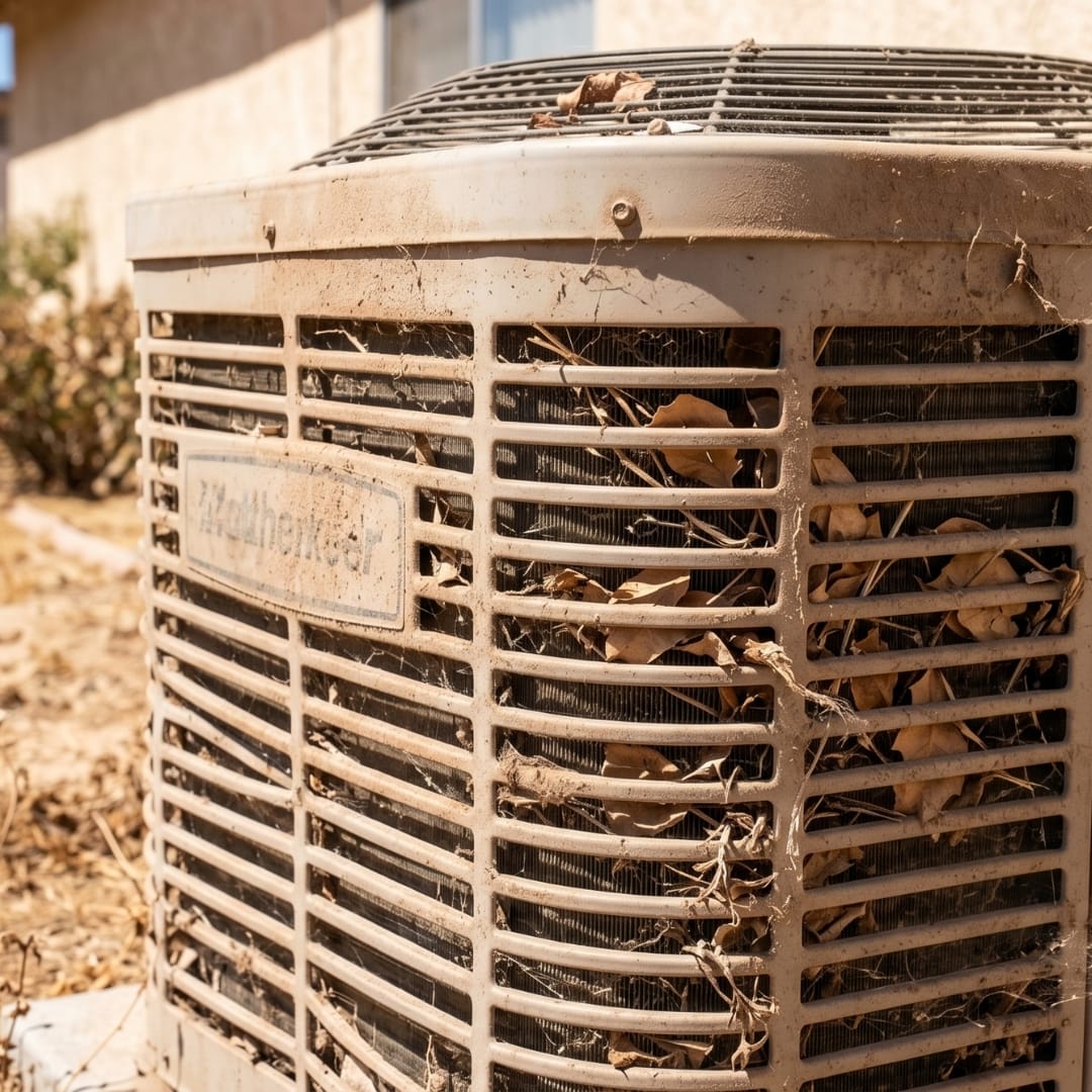 Close-up of a dirty outdoor air conditioning unit with leaves and debris stuck in the vents, highlighting the need for professional Los Angeles HVAC services.