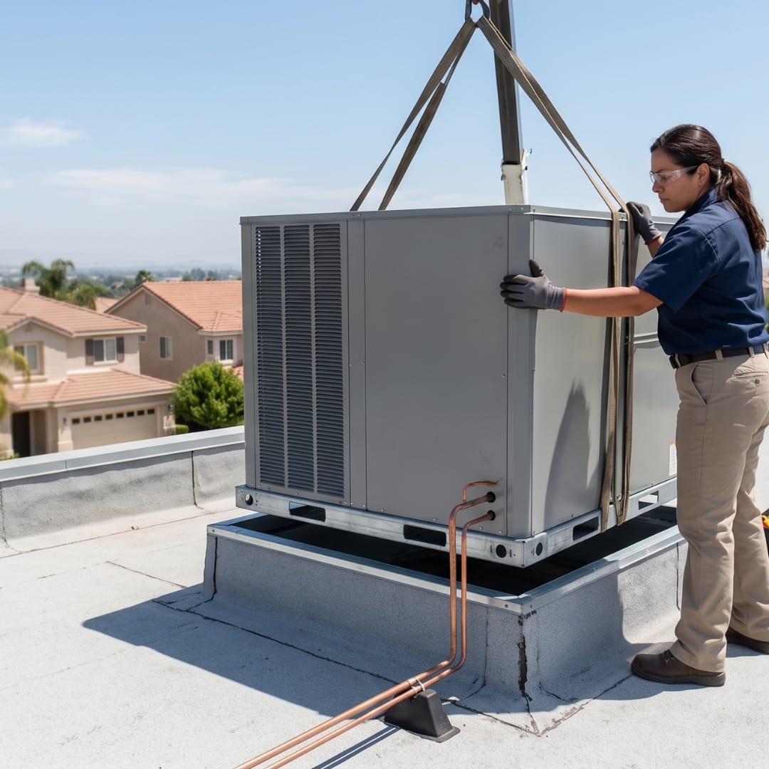 A technician from Los Angeles HVAC services guides an HVAC unit as it’s lowered onto a rooftop by a crane on a sunny day.