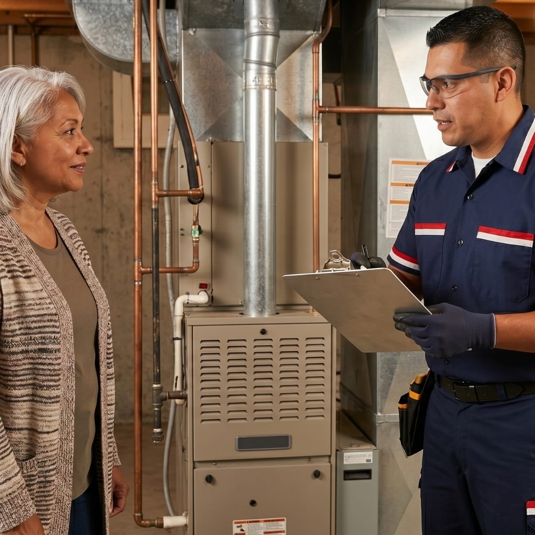 A technician holding a clipboard talks to a woman in front of a furnace in a basement, discussing Los Angeles HVAC services.