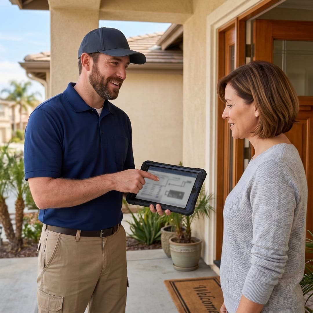 A delivery worker shows a tablet to a woman at her front door on a sunny day.