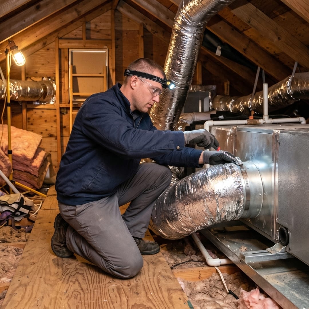 A technician wearing a headlamp inspects and repairs HVAC ducts in a wooden attic.