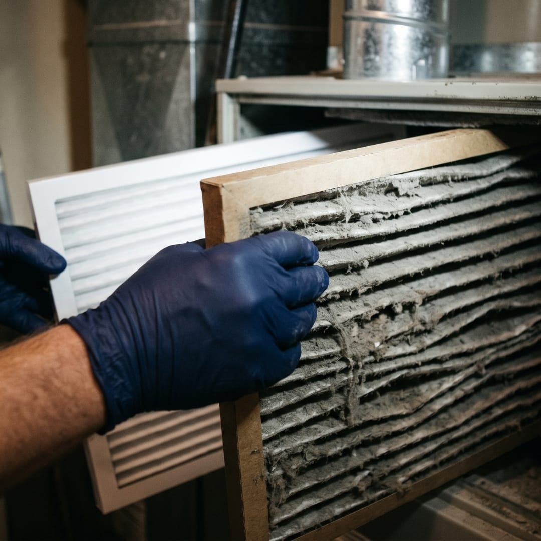 A person wearing blue gloves replaces a dirty HVAC air filter with a clean one.